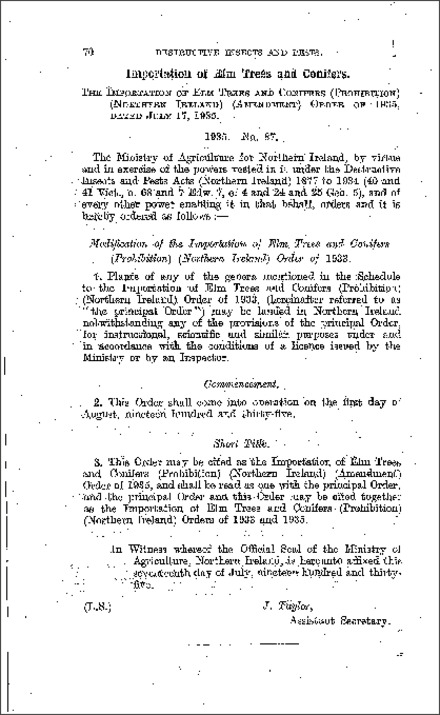 The Importation of Elm Trees and Conifers (Prohibition) (Amendment) Order (Northern Ireland) 1935