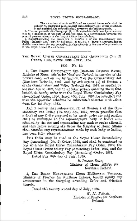 The Royal Ulster Constabulary Pay (Amending) (No. 2) Order (Northern Ireland) 1935