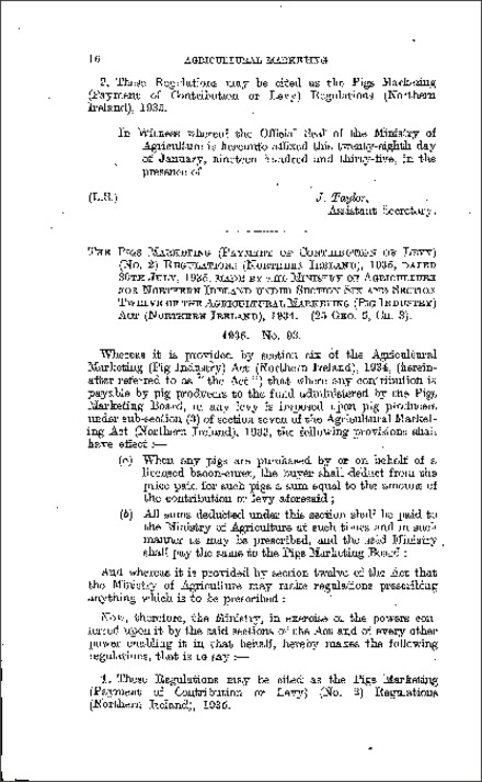 The Pigs Marketing (Payment of Contribution or Levy) (No. 2) Regulations (Northern Ireland) 1935