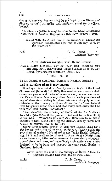 The Local Government: Rural Districts invested with Urban Powers Order (Northern Ireland) 1935