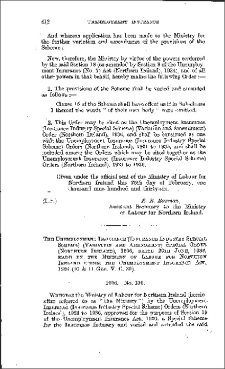 The Unemployment Insurance (Insurance Industry Special Scheme) (Variation and Amendment) Special Order (Northern Ireland) 1936