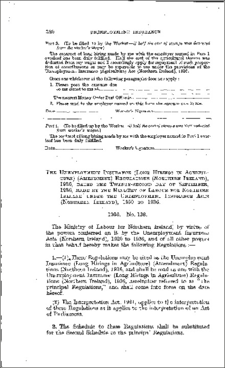 The Unemployment Insurance (Long Hirings in Agriculture) (Amendment) Regulations (Northern Ireland) 1936