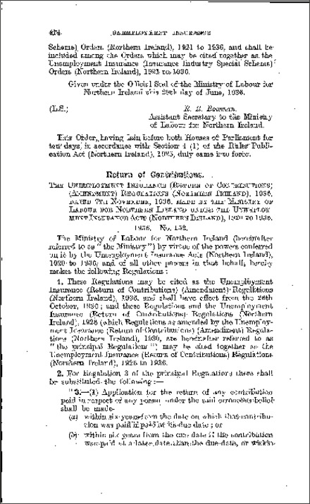 The Unemployment Insurance (Return of Contributions) (Amendment) Regulations (Northern Ireland) 1936