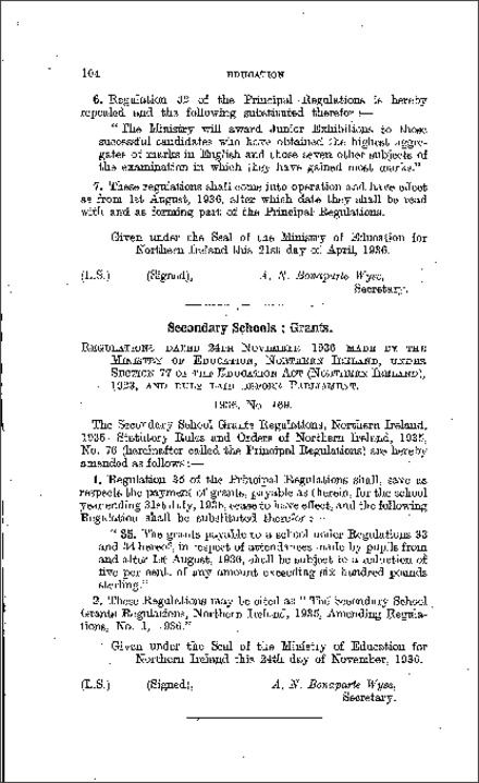 The Secondary School Grants Amending No. 1 Regulations (Northern Ireland) 1936