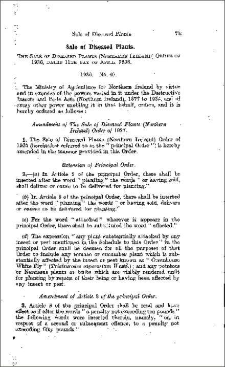 The Sale of Diseased Plants Order (Northern Ireland) 1936