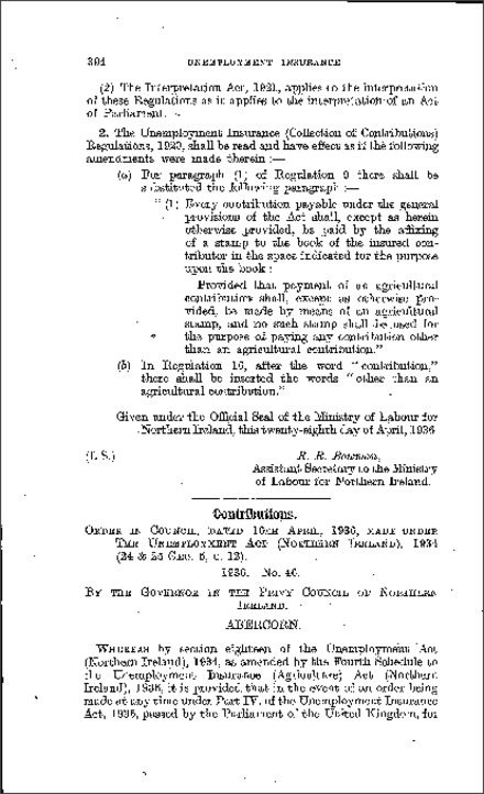 The Unemployment Insurance (Reduction in the Weekly Rates of Continuance) Order (Northern Ireland) 1936