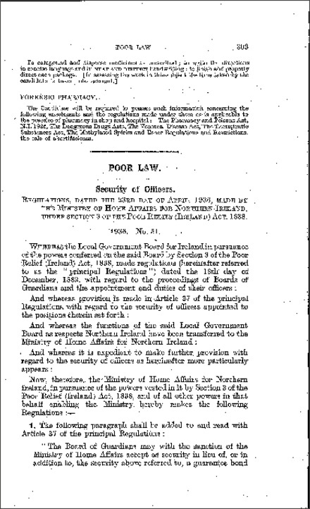 The Poor Law: Security of Officers Regulations (Northern Ireland) 1936