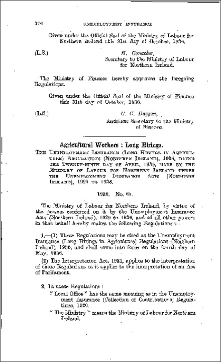 The Unemployment Insurance (Long Hirings in Agriculture) Regulations (Northern Ireland) 1936