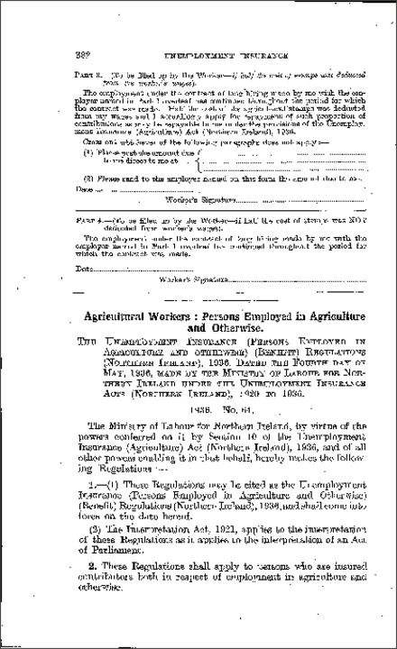 The Unemployment Insurance (Persons Employed in Agriculture etc.) (Benefit) Regulations (Northern Ireland) 1936