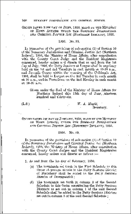 The Petty Sessions: Districts and Times of Holding Order (Northern Ireland) 1936