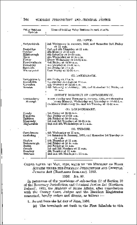 The Petty Sessions: Districts and Times of Holding Order (Northern Ireland) 1936