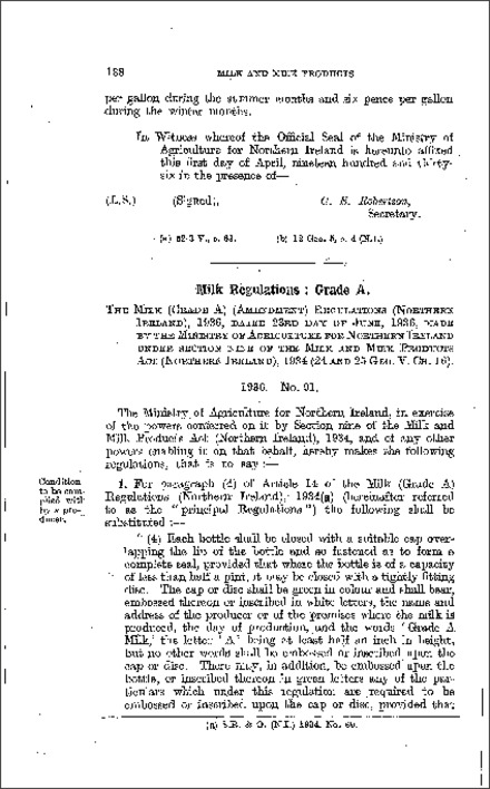 The Milk (Grade A) (Amendment) Regulations (Northern Ireland) 1936