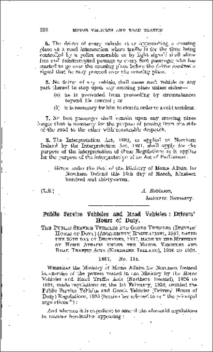 The Public Service Vehicles and Goods Vehicles (Drivers' Hours of Duty) (Amendment) Regulations (Northern Ireland) 1937