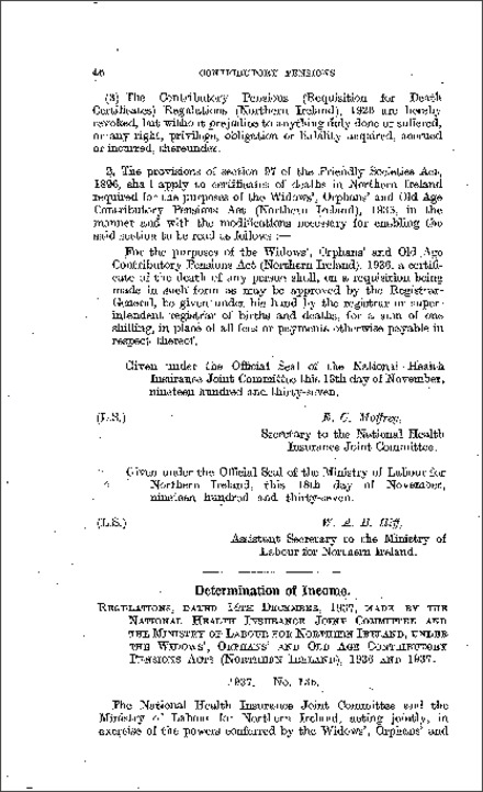 The Contributory Pensions (Determination of Income) Regulations (Northern Ireland) 1937