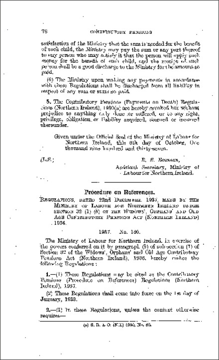 The Contributory Pensions (Procedure on References) Regulations (Northern Ireland) 1937