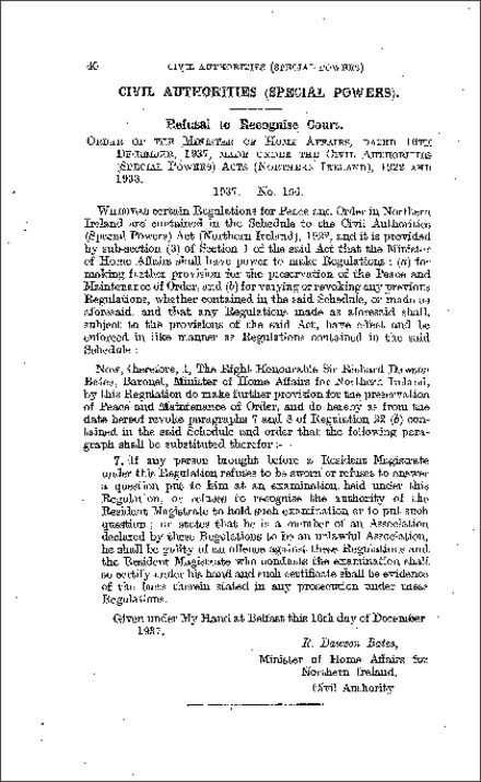 The Civil Authorities (Special Powers) Refusal to Recognise Court Order (Northern Ireland) 1937