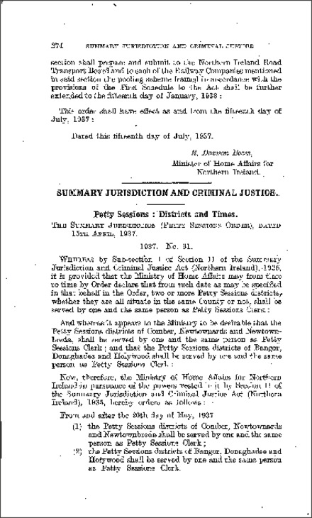 The Summary Jurisdiction (Petty Sessions Districts) Order (Northern Ireland) 1937