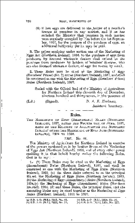 The Marketing of Eggs (Amendment) Rules (Northern Ireland) 1937