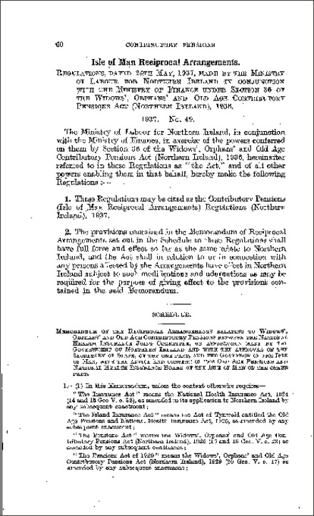 The Contributory Pensions (Isle of Man Reciprocal Arrangements) Regulations (Northern Ireland) 1937