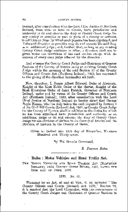 The Motor Vehicles and Road Traffic Act County Court Rules (Northern Ireland) 1937