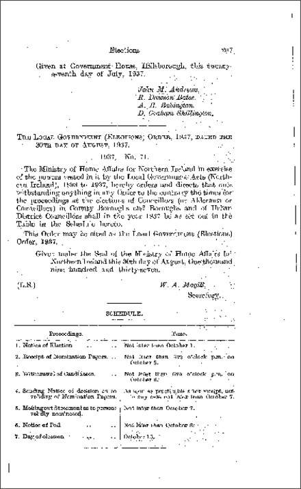 The Local Government (Elections) Order (Northern Ireland) 1937