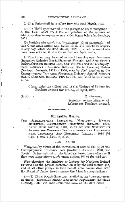 The Unemployment Insurance (Mercantile Marine Exclusion) Regulations (Northern Ireland) 1937