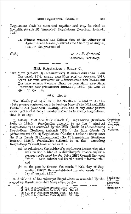 The Milk (Grade C) (Amendment) Regulations (Northern Ireland) 1937