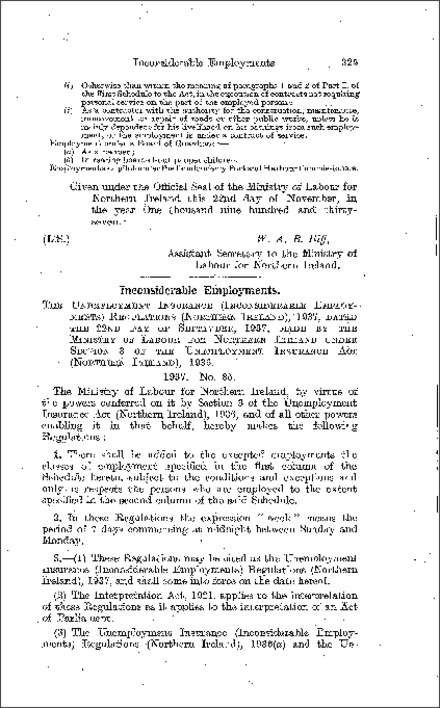 The Unemployment Insurance (Inconsiderable Employments) Regulations (Northern Ireland) 1937