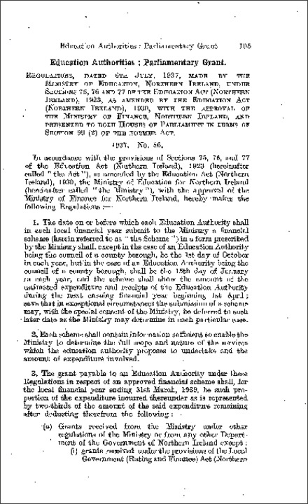 The Parliamentary Grant (Education Authorities) Regulations (Northern Ireland) 1937