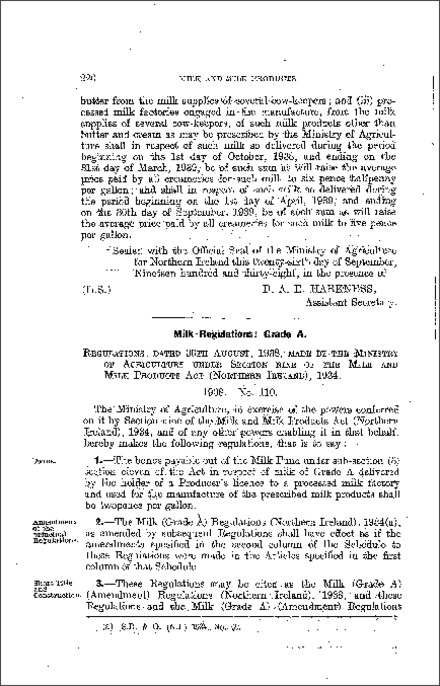 The Milk (Grade A) (Amendment) Regulations (Northern Ireland) 1938