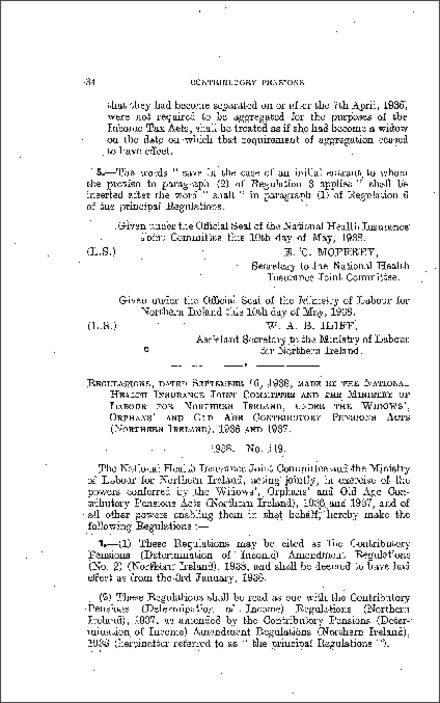 The Contributory Pensions (Determination of Income) Amendment Regulations (Northern Ireland) 1938