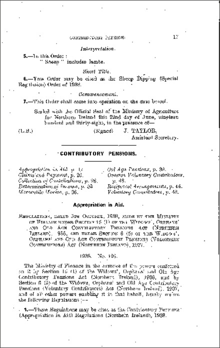 The Contributory Pensions (Appropriation in Aid) Regulations (Northern Ireland) 1938