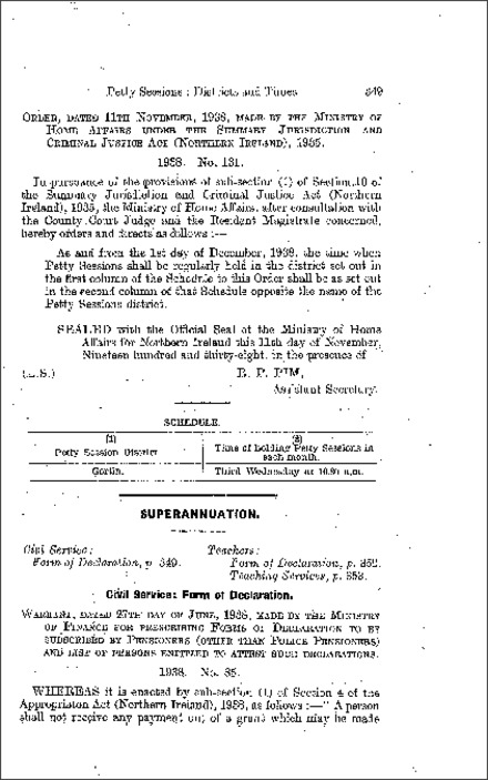 The Petty Sessions: District and Times Order (Northern Ireland) 1938