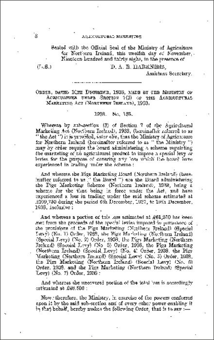 The Pigs Marketing (Special Levy) (No. 8) Order (Northern Ireland) 1938