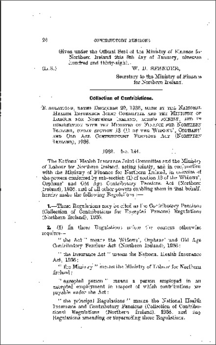 The Contributory Pensions (Collection of Contributions for Excepted Persons) Regulations (Northern Ireland) 1938