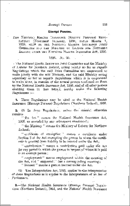 The National Health Insurance (Exempt Persons) Regulations (Northern Ireland) 1938