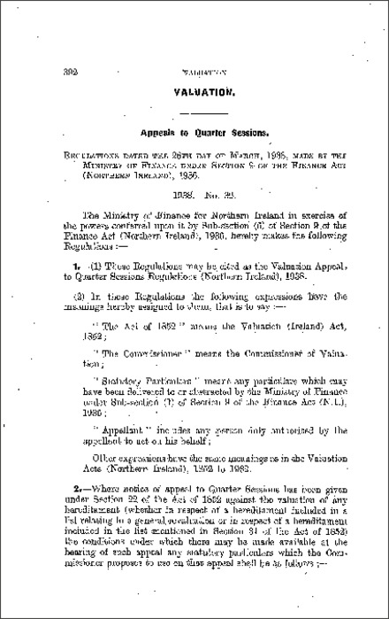 The Valuation Appeals to Quarter Sessions Regulations (Northern Ireland) 1938