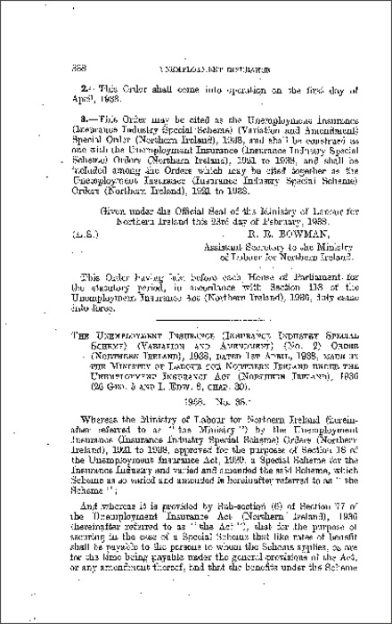 The Unemployment Insurance (Insurance Industry Special Scheme) (Variation and Amendment) (No. 2) Order (Northern Ireland) 1938