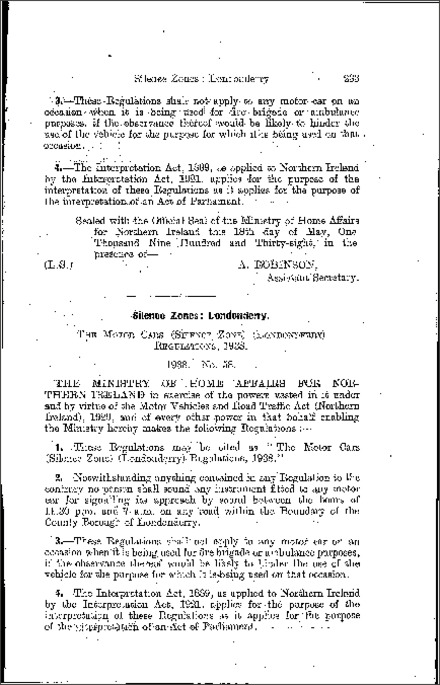 The Motor Cars (Silence Zone) (Londonderry) Regulations (Northern Ireland) 1938