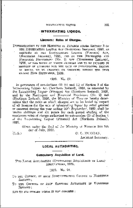 The Intoxicating Liquor: Licences: Rates of Charges Order (Northern Ireland) 1938