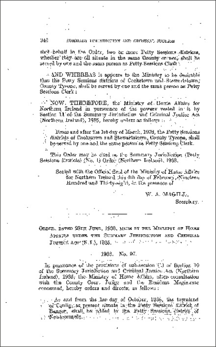 The Petty Sessions: Districts and Times Order (Northern Ireland) 1938