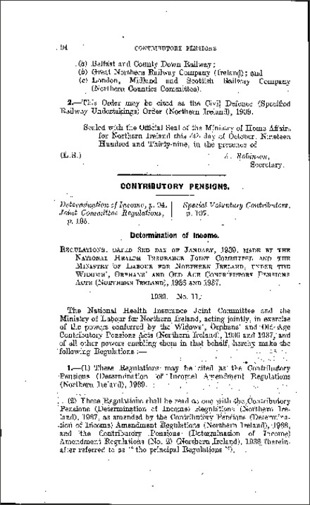 The Contributory Pensions (Determination of Income) Amendment Regulations (Northern Ireland) 1939