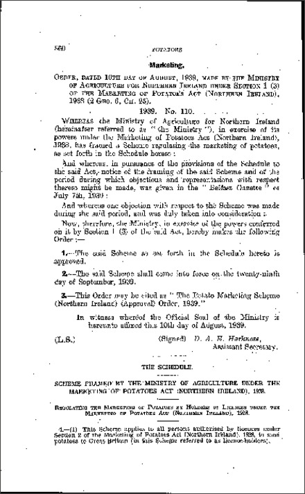 The Potato Marketing Scheme (Approval) Order (Northern Ireland) 1939