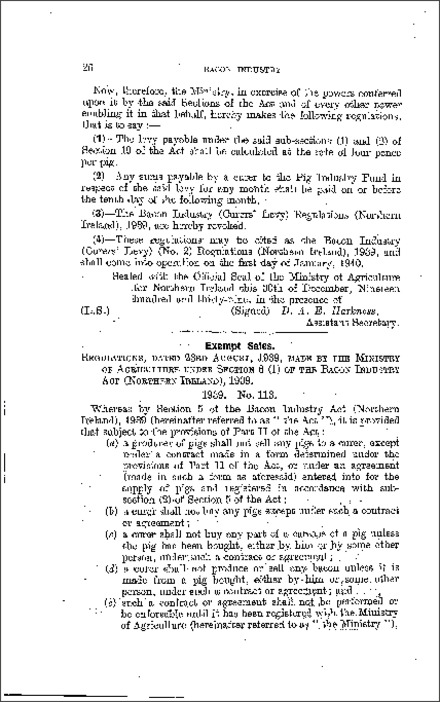 The Bacon Industry (Exempt Sales) Regulations (Northern Ireland) 1939