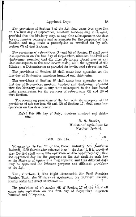 The Bacon Industry (Appointed Day) Order (Northern Ireland) 1939