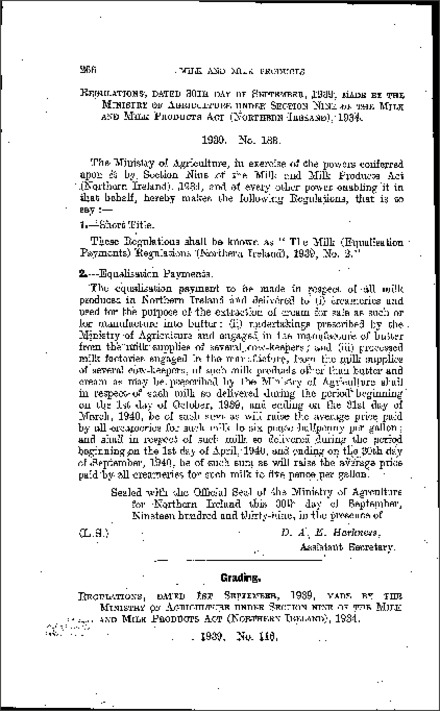 The Milk (Grade A) (Amendment) Regulations (Northern Ireland) 1939