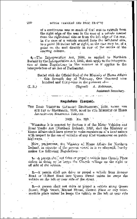 The Road Vehicles (Lurgan) Regulations (Northern Ireland) 1939
