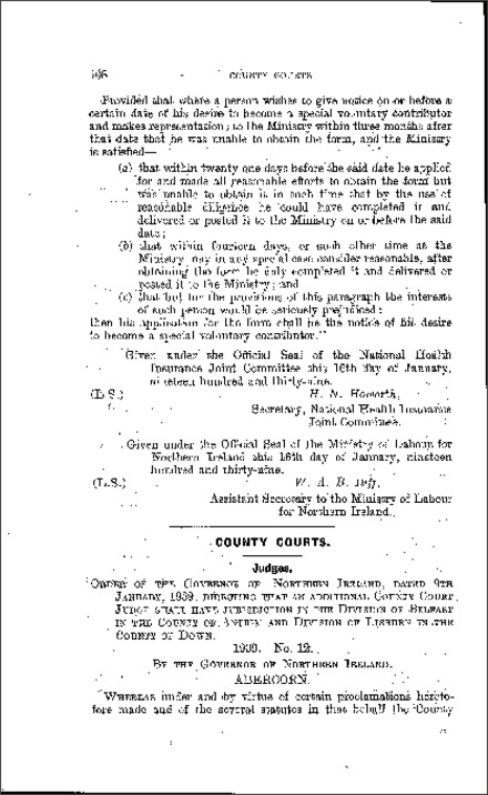 The County Courts: Judges Order (Northern Ireland) 1939