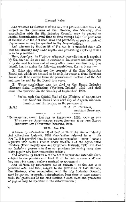 The Bacon Industry (Exempt Sales) (No. 2) Regulations (Northern Ireland) 1939