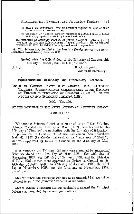 The Teachers' (Secondary and Preparatory) Superannuation (Amendment) Scheme (Northern Ireland) 1939